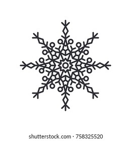 Snowflake silhouette of circular shape with lines and triangles, and circle in centre, schematic crystal object, colorless vector illustration