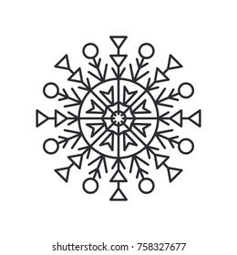 Snowflake silhouette of circular shape with lines and triangles, and circle in centre, schematic crystal object, colorless vector illustration