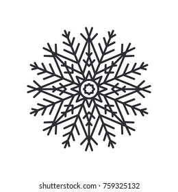 Snowflake silhouette of circular shape with lines and triangles, and circle in centre, schematic crystal object, colorless vector illustration