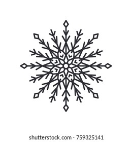 Snowflake silhouette of circular shape with lines and triangles, and circle in centre, schematic crystal object, colorless vector illustration