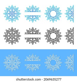 Snowflake silhouette monogram papercut. Split, round, half monograms.Vector template. Winter symbol paper,laser cutting or sublimation. Christmas ornaments. Flat style. For surnames, first names.