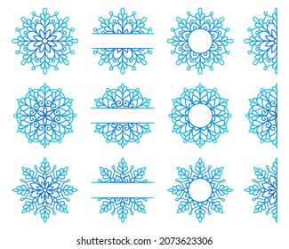Cubierta monográfica de silueta de copo de nieve. Plantillas de conjunto de vectores. Papel con símbolo invernal, corte láser o sublimación.Ornamentos navideños para vacaciones.Estilo plano. Aislado sobre fondo blanco. Elemento de diseño