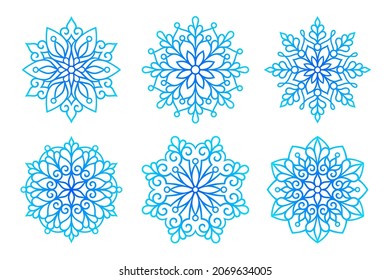 Snowflake silhouette papercut. Vector set templates. Winter symbol paper,laser cutting or sublimation.Christmas ornaments for holidays.Flat style.New year illustrations. Isolated on white background.