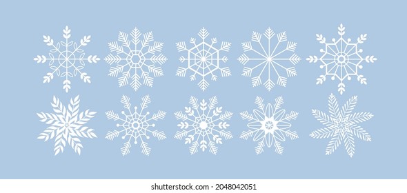 Snowflake silhouette vector set. Christmas and New Year holidays elements for greeting card. Winter line style isolated illustration. White Snowflakes icon. Crystal snow logo on blue
