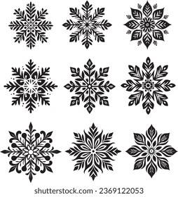 Snowflake silhouettes. Set of black snowflake silhouettes. Snowflake brush isolated. Complex cartoon snowflake silhouette isolated. Winter time vector