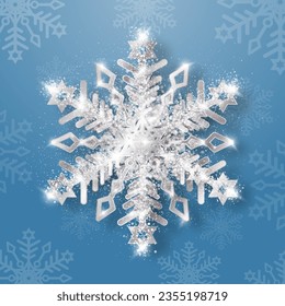 Snowflake with a silvery shiny texture on a blue background. A silver snowflake, a Christmas decoration, covered with bright glitter and sparks. Vector illustration.