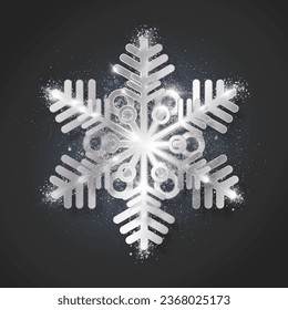 Snowflake with a silvery shiny texture on a dark background. A silver snowflake, a Christmas decoration, covered with bright glitter and sparks. Vector illustration.