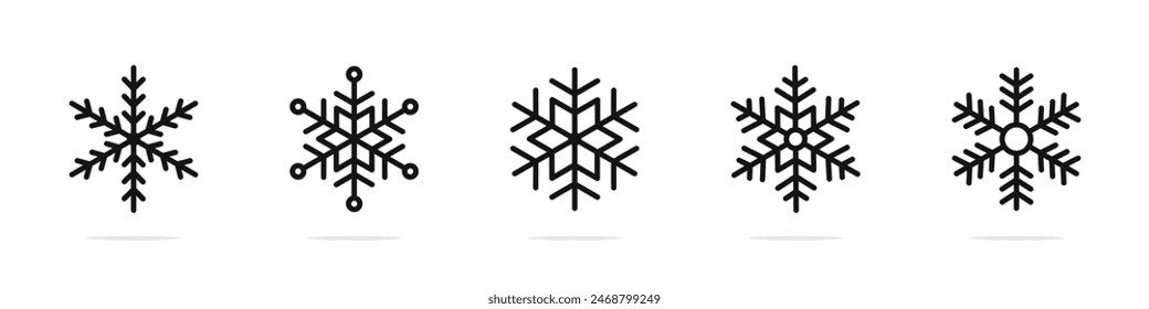 Iconos simples de la línea negra del copo de nieve. Juego de copos de nieve.  Iconos de copo de nieve. Vector nevado