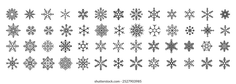 Schneeflocke einfache schwarze Linie Symbole Schnee Vektor-Set. Satz von Schneeflocken-Symbolen. Weihnachts- und Neujahrssymbol-Kollektion.