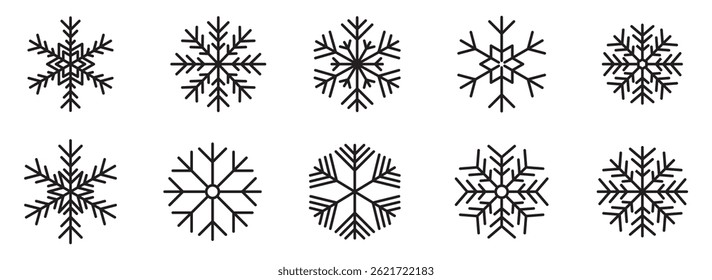 Conjunto de Vector de nieve de línea negra simple de Snowflake. Conjunto de iconos de copo de nieve. Conjunto de Vector de nieve. Conjunto de iconos de nieve de Navidades. Símbolo de nieve de invierno.