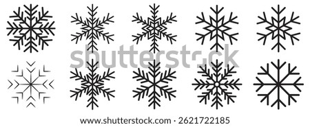Snowflake simple black line icons snow vector set. Snowflake icon set. Snow vector set. Christmas snow icon set. Winter snow symbol.