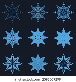 Snowflake simple blue line icons, snow vector set, Snowflake symbols. Snow icon. Christmas icon set. Vector illustration