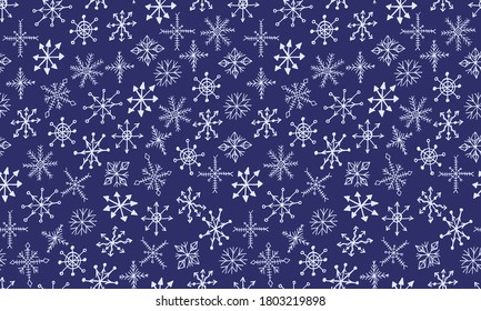Snowflake simple doodle illusatration. Hand drawn snow seamless pattern on blue background. Winter season, Christmas celebration