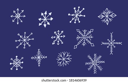 Schneeflocken, einfache Doodle-Illustration. Handgezeichnetes Schneeelement einzeln auf blauem Hintergrund. Wintersaison, Weihnachtsfest