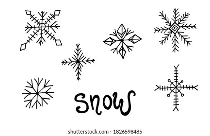 Schneeflocken, einfache Doodle-Illustration. Handgezeichnetes Schneeelement einzeln auf weißem Hintergrund. Wintersaison, Weihnachtsfest