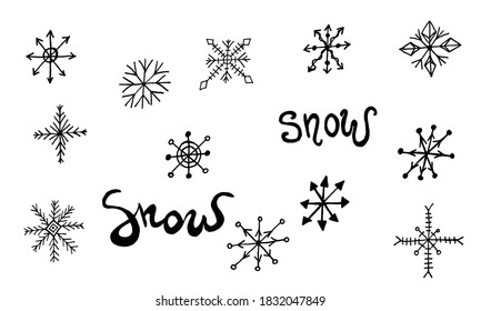 Ilustración simple de garabatos con copos de nieve. Elemento de nieve dibujado a mano aislado en fondo blanco. Temporada de invierno, celebración de Navidad