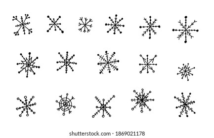 Ilustración simple de garabatos con copos de nieve. Elemento de nieve dibujado a mano aislado en fondo blanco. Temporada de invierno, celebración de Navidad
