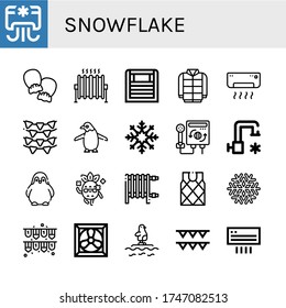 snowflake simple icons set. Contains such icons as Air conditioner, Mittens, Heat, Heater, Winter, Garlands, Penguin, Snowflake, Cold water, can be used for web, mobile and logo