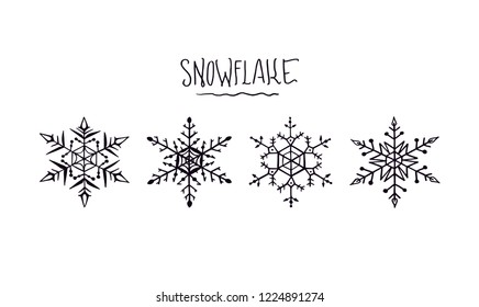Snowflake simple illustration black line vector set collection. Winter crystals made from snow with text snowflake set. Different shapes of ornamental snowflakes silhouette symbol vectors.