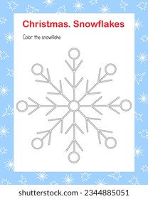 Snowflake simple outline cartoon coloring page vector illustration, winter holiday Christmas and New Year printable educational or leisure game, activity worksheet for kids, teacher resources