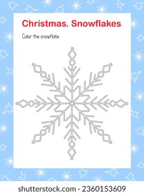 Snowflake simple outline cartoon coloring page vector illustration, winter holiday Christmas and New Year printable educational or leisure game, activity worksheet for kids, teacher resources