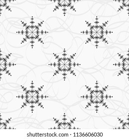 Snowflake simple seamless pattern. Black snow on white background. Abstract wallpaper, wrapping decoration. Symbol winter, Merry Christmas holiday, Happy New Year celebration Vector illustration