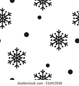 Snowflake simple seamless pattern. Black snow on white background. Abstract wallpaper, wrapping decoration. Symbol of winter, Merry Christmas holiday, Happy New Year celebration Vector illustration