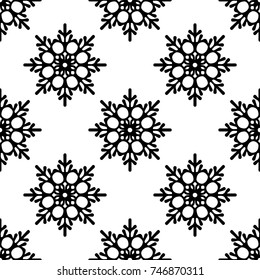 Snowflake simple seamless pattern. Black snow on white background. Abstract wallpaper, wrapping decoration. Symbol of winter, Merry Christmas holiday, Happy New Year celebration Vector illustration