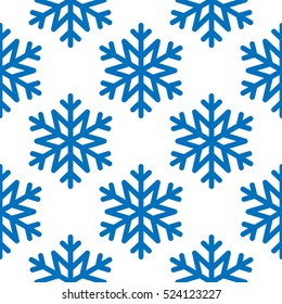 Snowflake simple seamless pattern. Blue snow on white background. Abstract wallpaper, wrapping decoration. Symbol of winter, Merry Christmas holiday, Happy New Year celebration Vector illustration