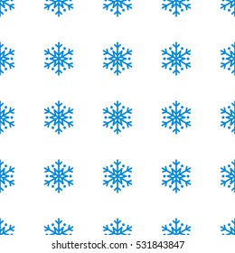 Snowflake simple seamless pattern. Blue snow on white background. Abstract wallpaper, wrapping decoration. Symbol of winter, Merry Christmas holiday, Happy New Year celebration Vector illustration