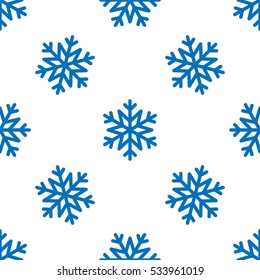 Snowflake simple seamless pattern. Blue snow on white background. Abstract wallpaper, wrapping decoration. Symbol of winter, Merry Christmas holiday, Happy New Year celebration Vector illustration