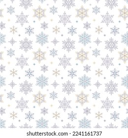 Snowflake simple seamless pattern. Colorful snow on white background. Abstract backdrop, wrapping decoration. Winter symbol, Merry Christmas and Happy New Year holiday. Flat vector illustration