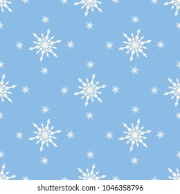 Snowflake simple seamless pattern. falling snow on the blue background - vector image