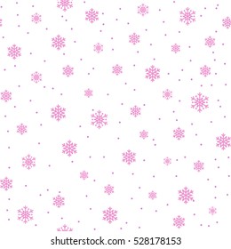 Snowflake simple seamless pattern. Pink snow on white background. Abstract wallpaper, wrapping decoration. Symbol of winter, Merry Christmas holiday, Happy New Year celebration Vector illustration