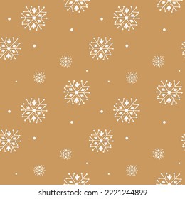 Snowflake simple seamless pattern. white snow on golden background. Abstract wallpaper, wrapping decoration. Symbol of winter, Merry Christmas holiday, Happy New Year celebration Vector illustration