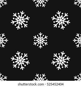 Snowflake simple seamless pattern. White snow on black background. Abstract wallpaper, wrapping decoration. Symbol of winter, Merry Christmas holiday, Happy New Year celebration Vector illustration