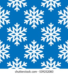 Snowflake simple seamless pattern. White snow on blue background. Abstract wallpaper, wrapping decoration. Symbol of winter, Merry Christmas holiday, Happy New Year celebration Vector illustration
