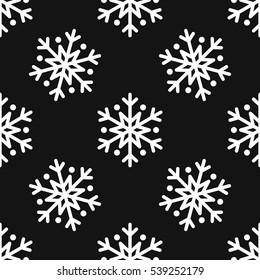 Snowflake simple seamless pattern. White snow on black background. Abstract wallpaper, wrapping decoration. Symbol of winter, Merry Christmas holiday, Happy New Year celebration Vector illustration