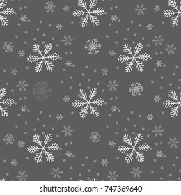Snowflake simple seamless pattern. White snow on Black background. Abstract wallpaper, wrapping decoration. Symbol winter, Merry Christmas holiday, Happy New Year celebration Vector illustration