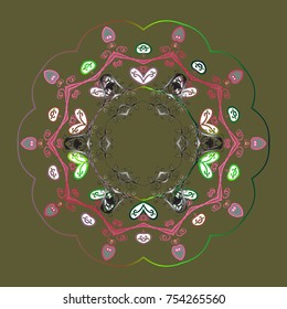 Snowflake simple. Symbol of winter, Merry Christmas holiday, Happy New Year celebration Vector sketch. Green, pink and gray snow on green, pink and gray colors. Abstract wallpaper, wrapping decoration