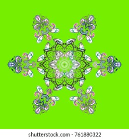 Snowflake simple. Symbol of winter, Merry Christmas holiday, Happy New Year celebration Vector illustration. Cute snowflake on green, gray and white colors. Abstract wallpaper, wrapping decoration.