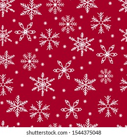 Snowflake simple vector seamless pattern. Blue snow on white background. Abstract wallpaper and wrapping decoration. Symbol of winter, Merry Christmas holiday, Happy New Year celebration.