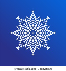 Snowflake single icon in details, closeup of ice crystal with geometric shapes of circle, lines and triangles, vector illustration isolated on blue