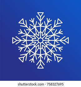 Snowflake single icon in details, closeup of ice crystal with geometric shapes of circle, lines and triangles, vector illustration isolated on blue