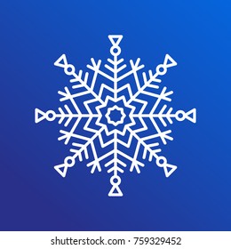 Snowflake single icon in details, closeup of ice crystal with geometric shapes of circle, lines and triangles, vector illustration isolated on blue