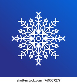 Snowflake single icon in details, closeup of ice crystal with geometric shapes of circle, lines and triangles, vector illustration isolated on blue