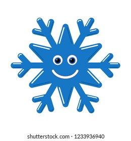 Snowflake smiley baby face. Cute winter blue snow flake, smile, isolated white background. Happy fun character, kid emoticon. Drawing cartoon doodle. Holiday child decoration Vector illustration