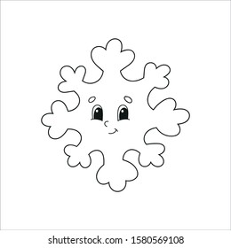 Snowflake is smiling. Coloring book for kids. Cheerful character. Vector illustration. Cute cartoon style. Fantasy page for children. Black contour silhouette. Isolated on white background.