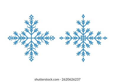 Snowflake, snow, coll weather and winter icon pair of detailed blue designs with white background vector illustration.