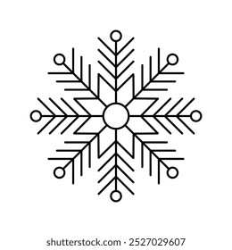 Floco de neve para design e padrão de neve. Elemento de Natal linha preta isolado no fundo branco. Símbolo de congelamento. Ícone de floco de neve. Gráfico de cristal de gelo. Forma simples. Ilustração vetorial.